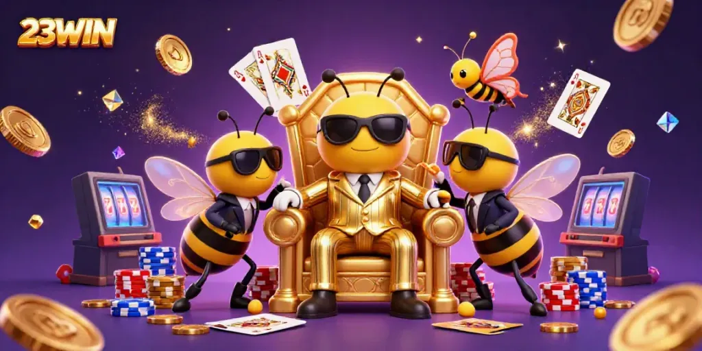 Join the excitement with 23WIN as animated characters bring the casino experience to life with vibrant gold and gems.