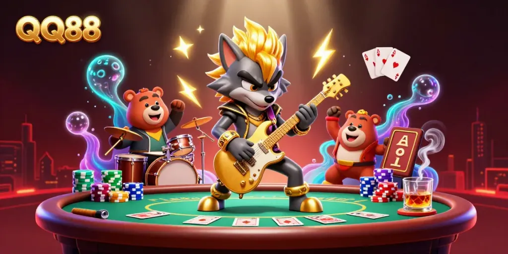 Experience the excitement of QQ88 with a rock star wolf and drummer bear in a vibrant casino scene.