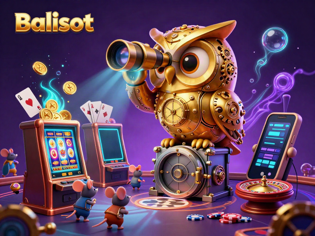 Experience the excitement of Balislot with a vibrant 3D illustration featuring an owl, slot machines, and gaming elements.
