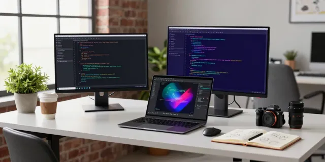 Developer coding in a modern workspace, highlighting instant indexing tools on dual monitors.