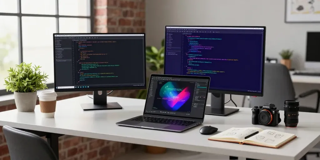 Developer coding in a modern workspace, highlighting instant indexing tools on dual monitors.