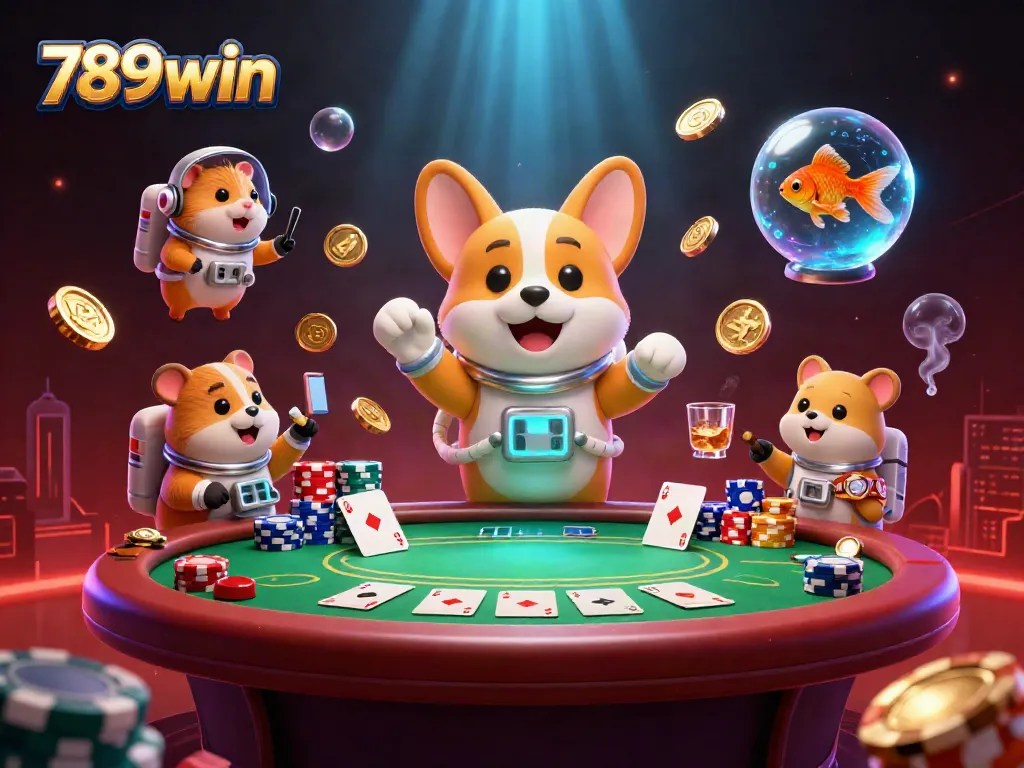 Experience the excitement of 789win in a space casino with vibrant characters and poker elements.