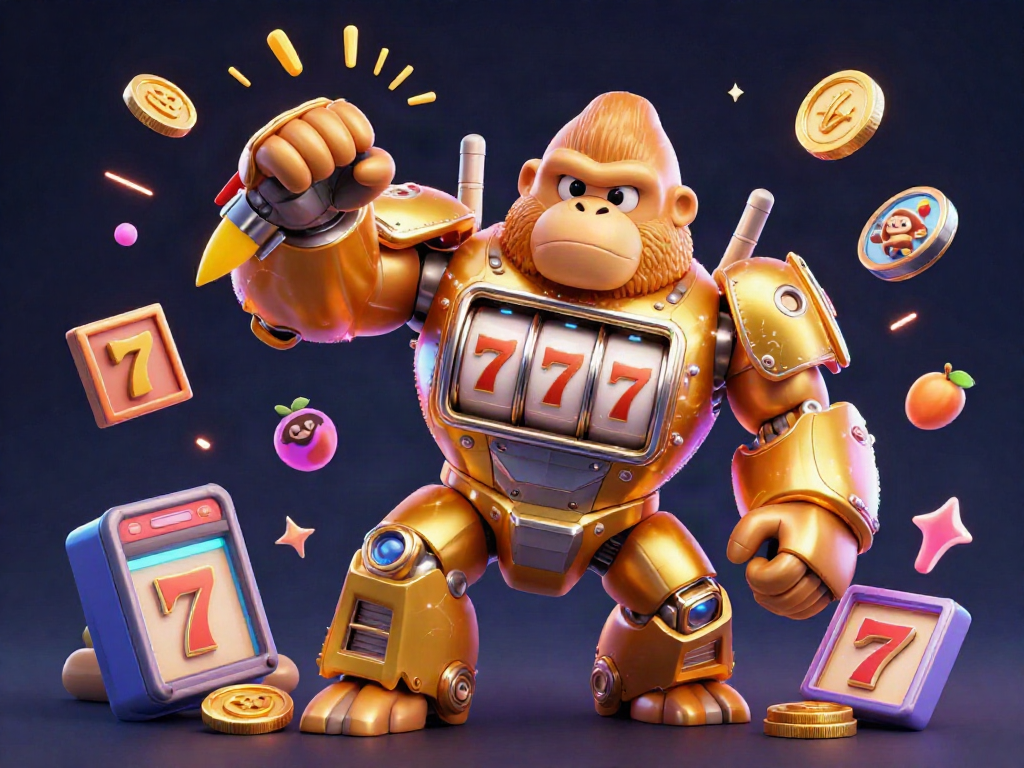 Zowin golden gorilla mech triumphantly celebrating a jackpot with spinning reels and dynamic casino elements.