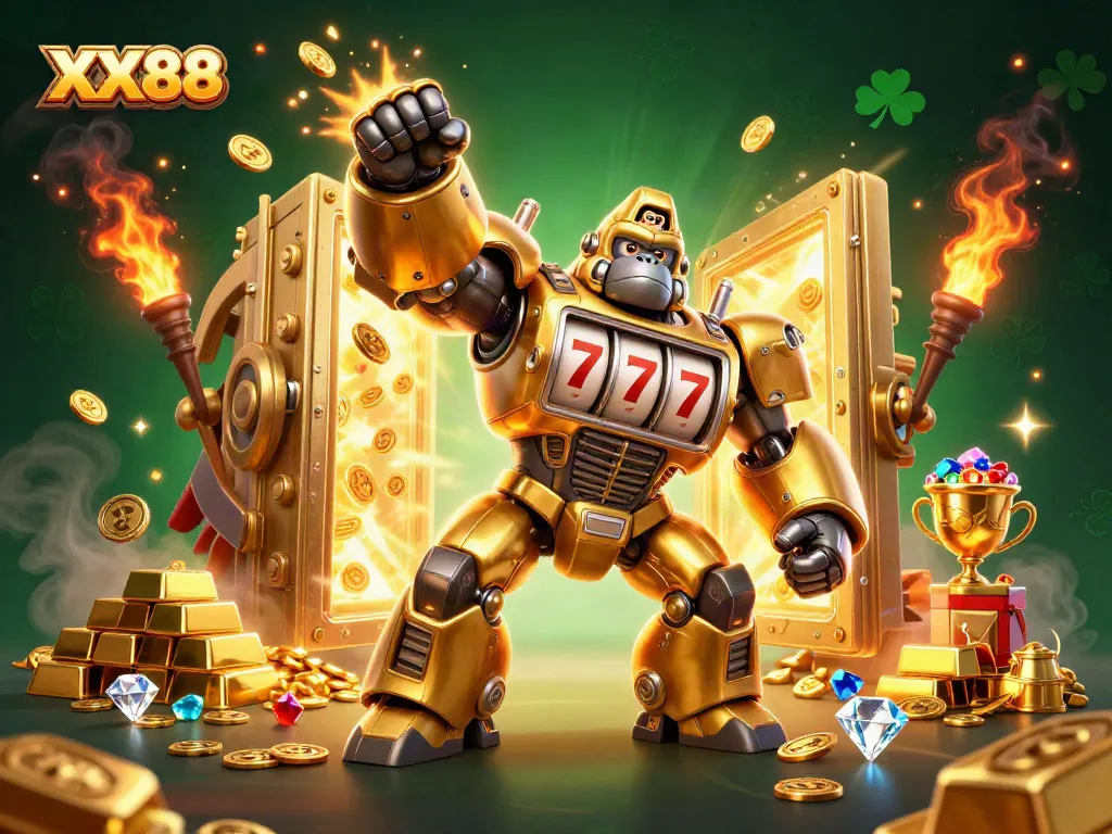 Experience thrilling slots action with XX88's golden gorilla mech and treasure explosion.