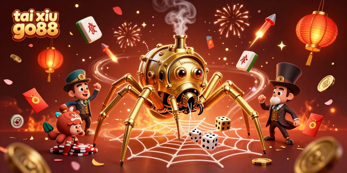 Capture the excitement of tai xiu go88 with a vibrant 3D illustration featuring a whimsical steampunk spider and animated gaming elements.