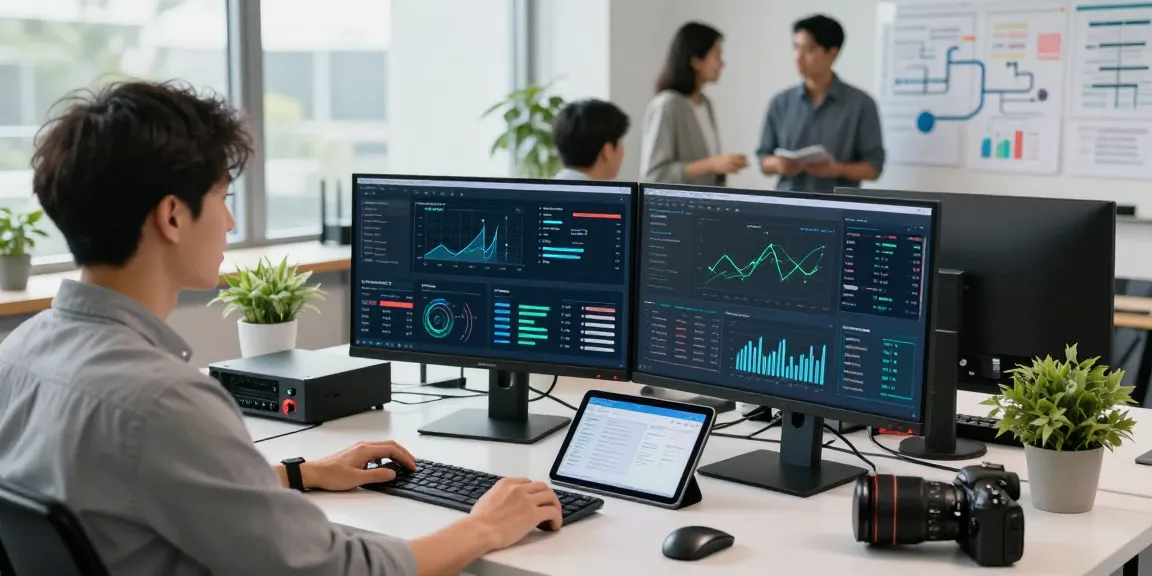 Data analyst engaging with edge computing systems in a modern workspace.