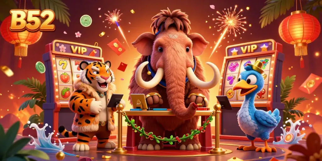 Engage with B52 by entering through a vibrant casino door guarded by unique animal characters.