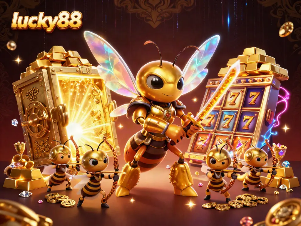 Bet on exciting slot experiences with lucky88's vibrant 3D illustration showcasing treasures and action.