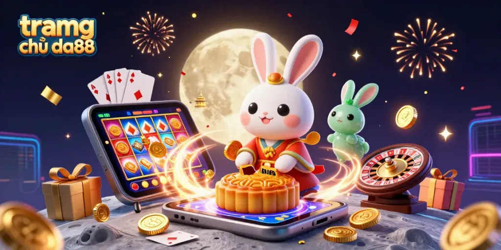 Experience the excitement of tramg chủ da88 with a moon rabbit and jade companion celebrating gambling festivities amidst slot games and poker chips.
