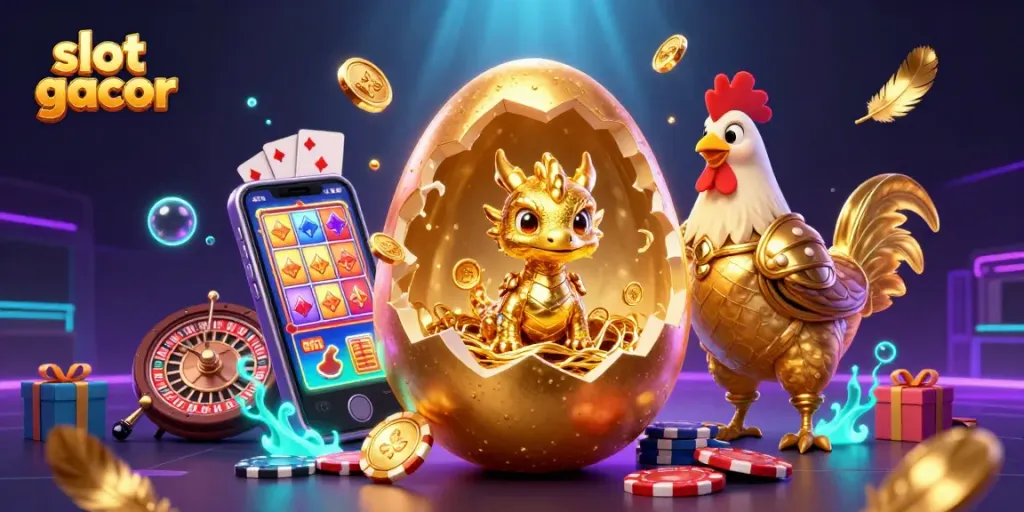 Engage with the slot gacor excitement, viewing a golden egg revealing a treasure-filled dragon for winning slots.