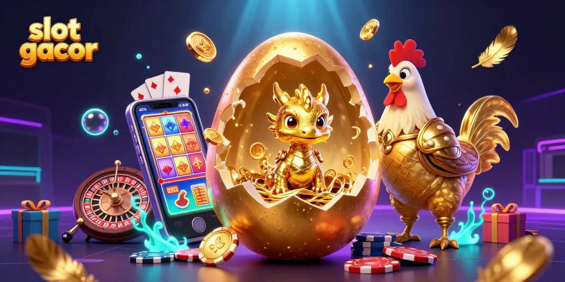Engage with the slot gacor excitement, viewing a golden egg revealing a treasure-filled dragon for winning slots.