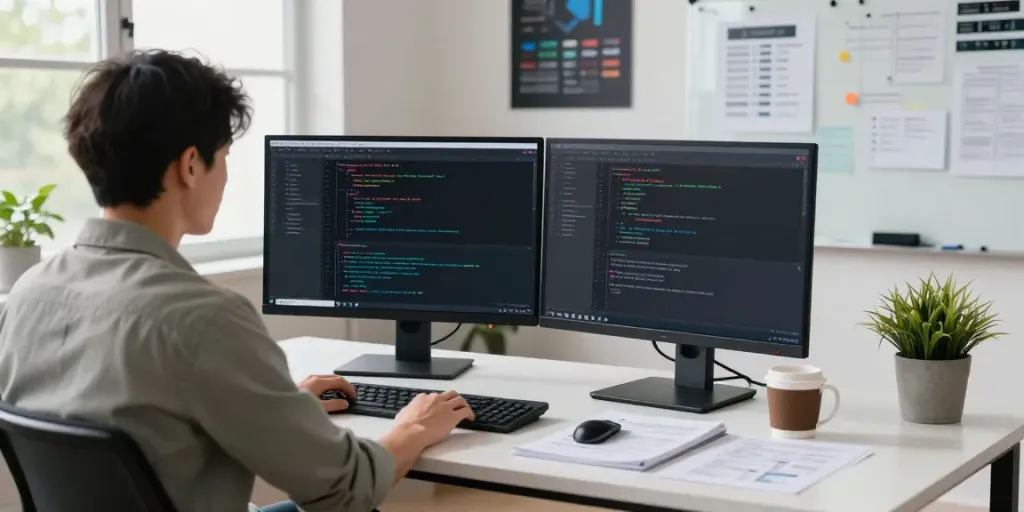 Developer at a modern workstation publishing software articles with dual monitors, coffee, and creative workspace.