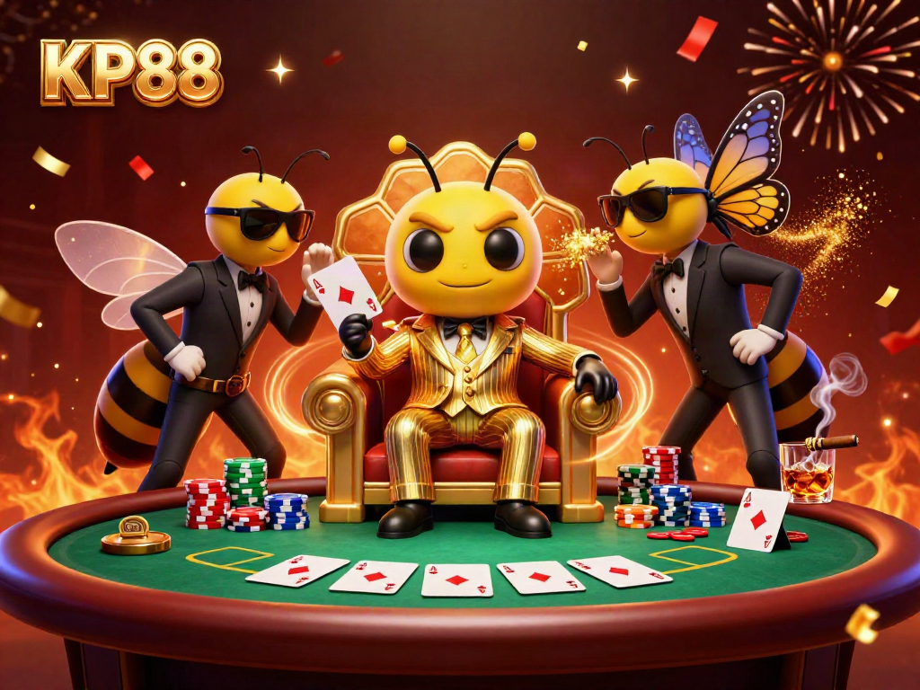 Experience KP88's thrilling online casino atmosphere featuring a bumblebee mob boss and poker elements.