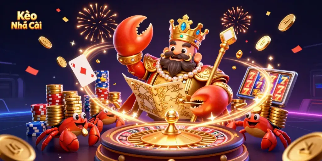 Engage in Kèo Nhà Cái action with the majestic crab emperor amidst a vibrant casino scene full of treasures.