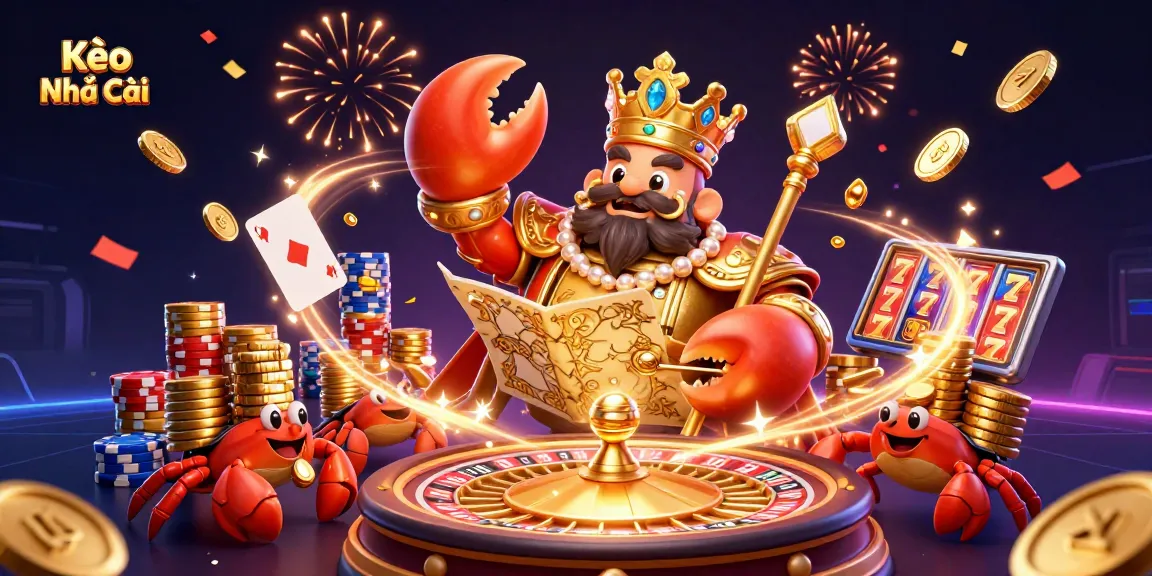 Engage in Kèo Nhà Cái action with the majestic crab emperor amidst a vibrant casino scene full of treasures.