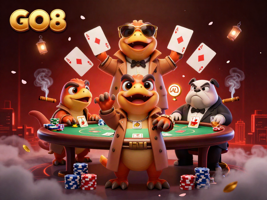 Experience the excitement of GO8 casino with raptors sneaking into a VIP lounge amidst poker chaos.