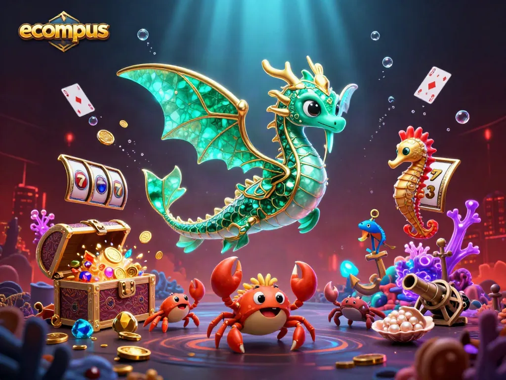 Ecompus captivates with a vibrant underwater casino scene, showcasing Lush sea creatures and dynamic gaming elements.