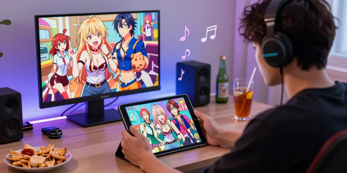 Engaging scene of a gamer playing an ecchi game on a tablet with animated characters and a cozy setup.