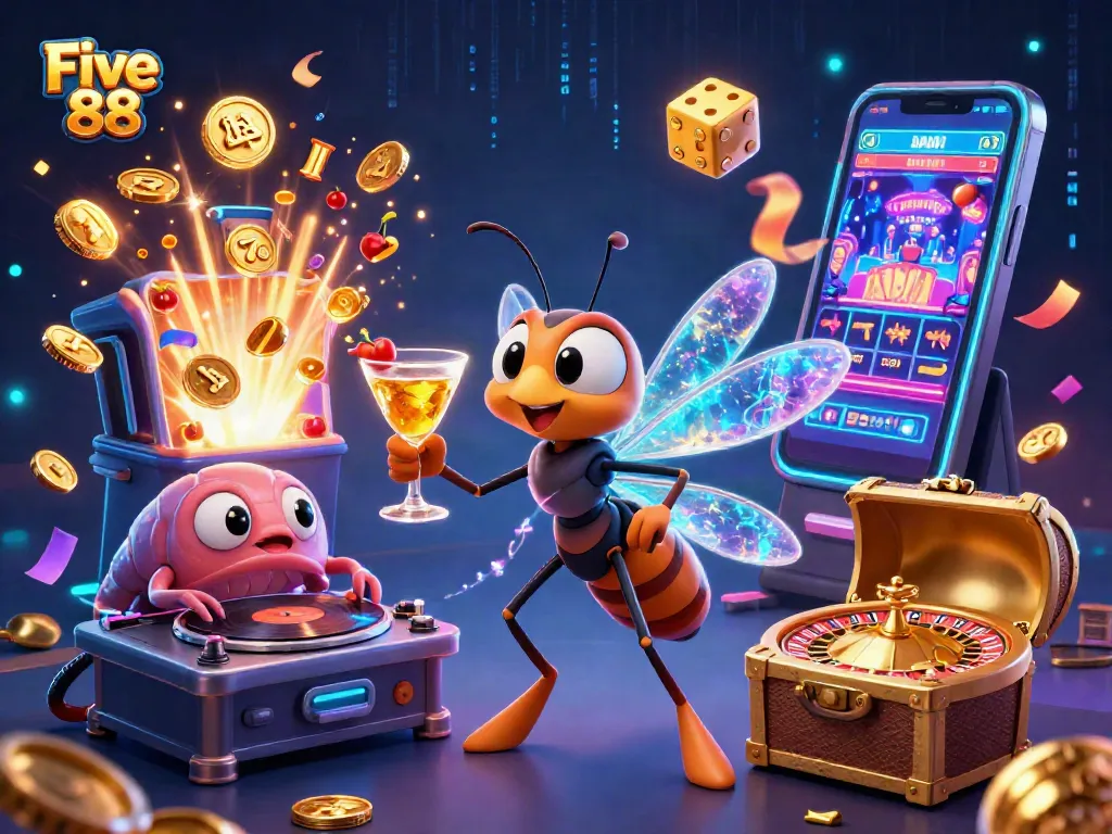 Win at Five 88 with a vibrant casino scene illustrating a mascot and dynamic games.