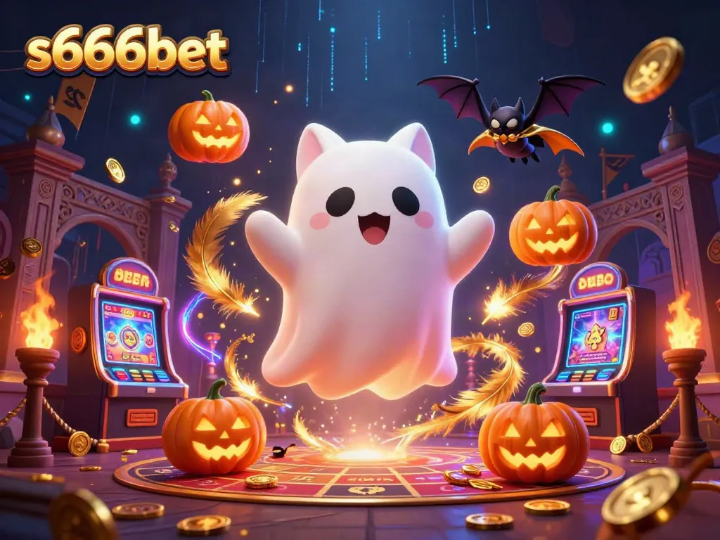 S666bet showcases a whimsical ghost cat and bat wagering amidst casino excitement.