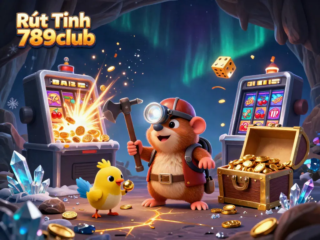 Rút Tiền 789club showcases a vibrant 3D treasure hunter ambiance with a golden slot jackpot