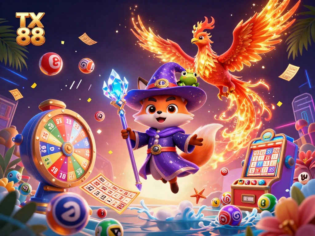 Engage with a vibrant TX 88 casino scene featuring lottery balls and dynamic gaming elements.