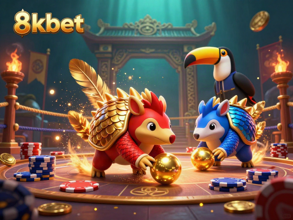 Engaging rivalry between pangolins in a colorful casino scene representing 8kbet's dynamic gaming.