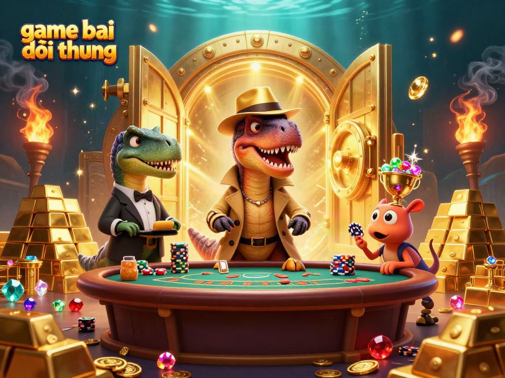 Experience the excitement of game bai doi thuong with a cartoon velociraptor card counter at a lively casino scene.