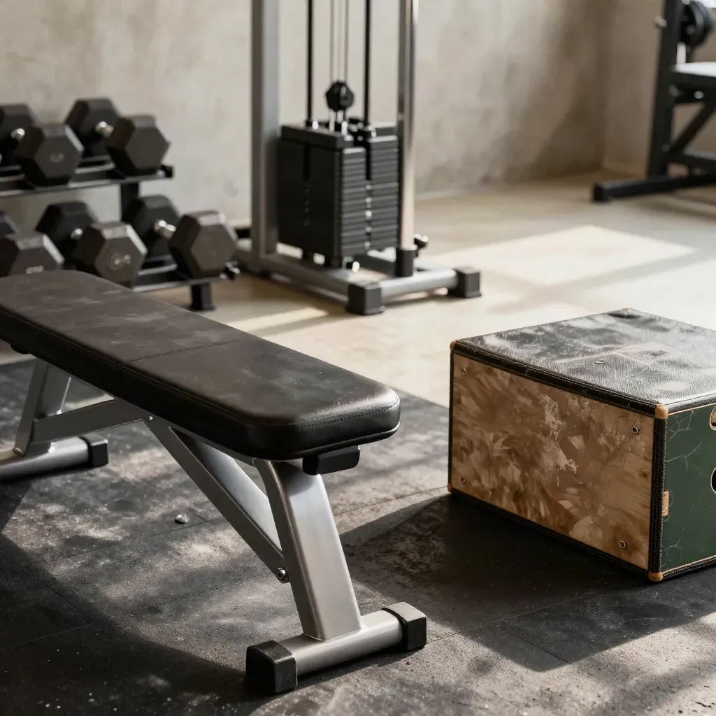 Boutique gym lane with bench, dumbbells, cable stack and plyo box in warm daylight