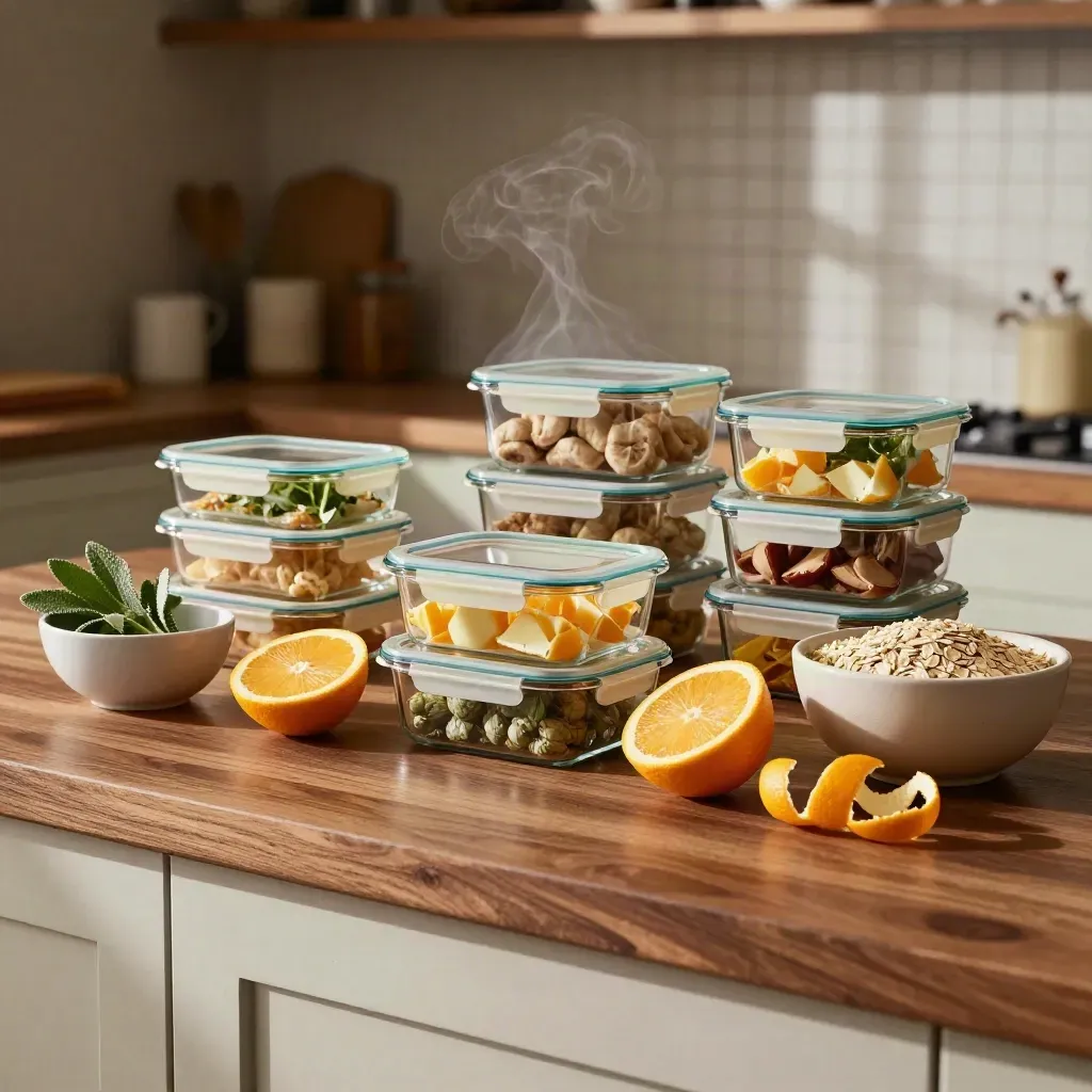 Meal-prep containers, bowls, citrus, herbs and oats on a warm kitchen counter with steam.