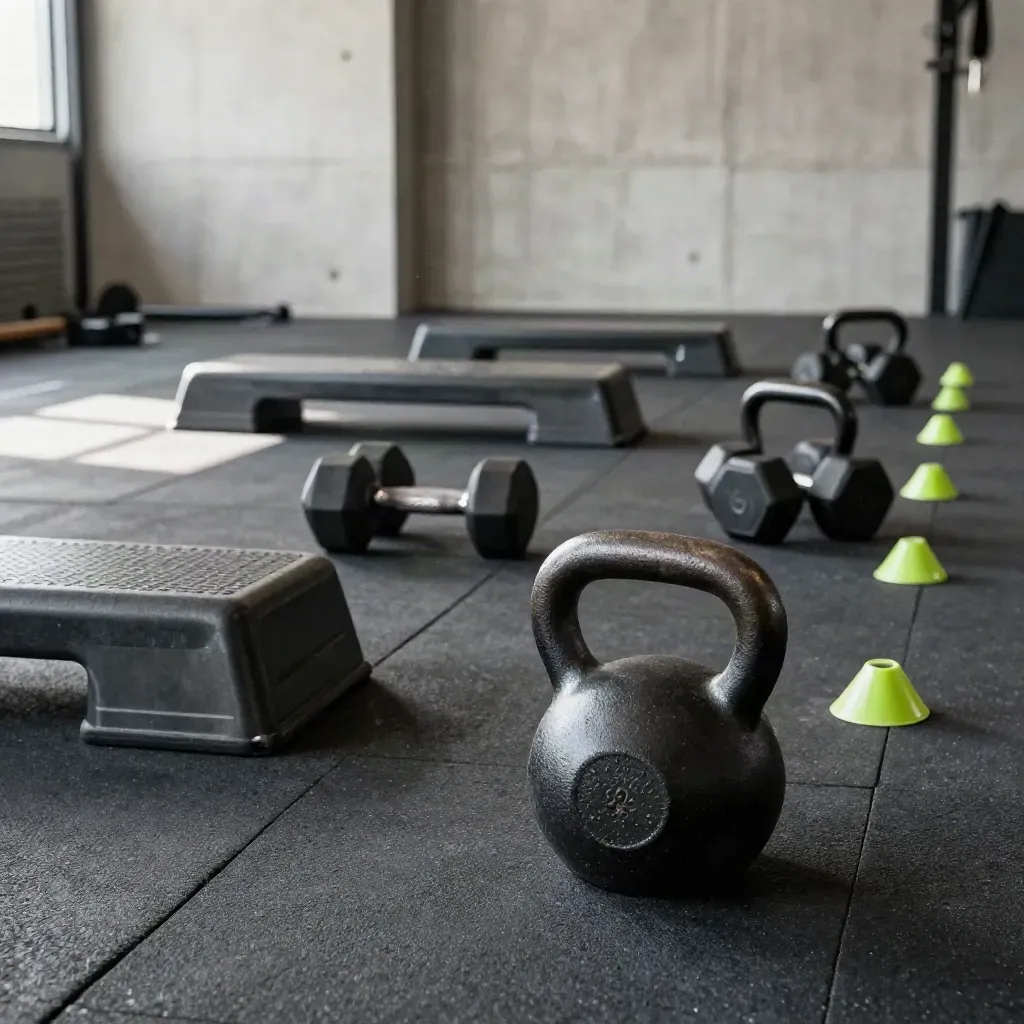 Kettlebell, step box, dumbbells and lime cones lined across a rubber gym floor