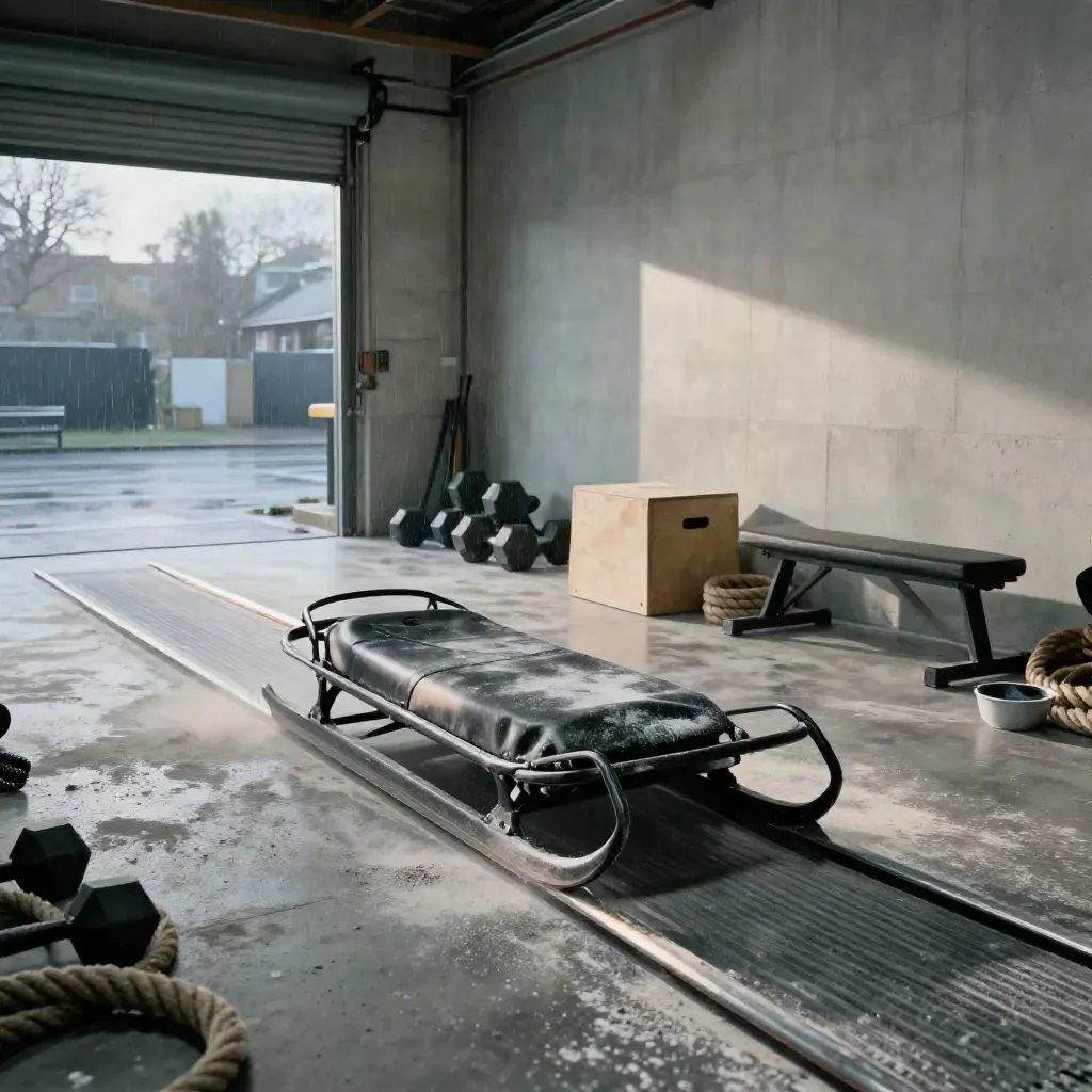 Empty London gym with sled, dumbbells, ropes and wet winter light through roller door