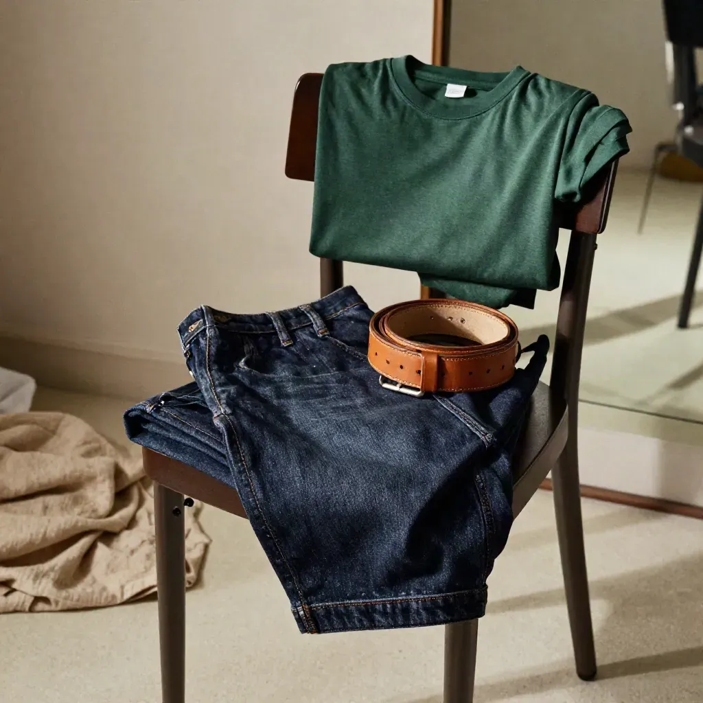 Bedroom chair with loose jeans, tightened belt, folded tee, and mirror edge in soft morning light.