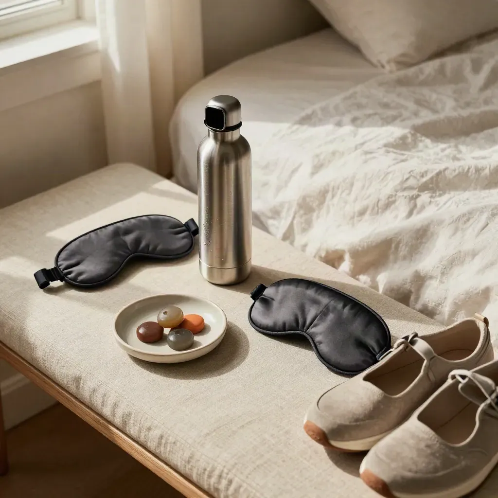 Overhead bedtime habit-tracking corner with smartwatch, bottle, sleep mask, trainers, and ceramic tokens