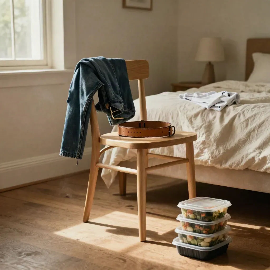 Bedroom chair with loose jeans, tightened belt, training tee and meal-prep boxes in warm window light
