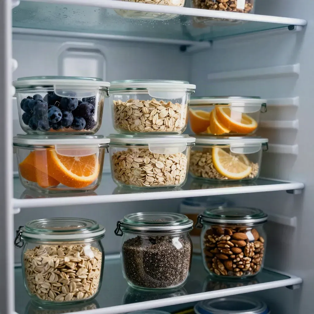 Cinematic fridge shelf with meal-prep containers, fruit, oats and nuts, lit in cool condensation.