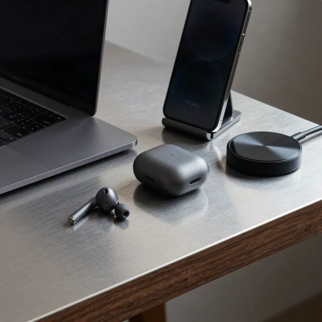 Closed laptop, earbuds, phone stand and charging puck on brushed aluminium in a moody coaching setup.