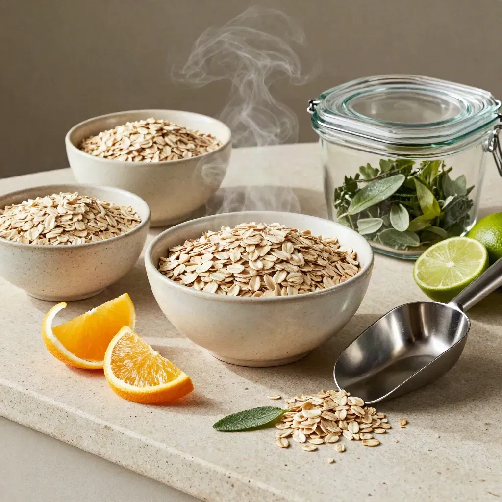 Top-down prep still life of oats, citrus, herbs, a glass meal box and scoop on pale stone