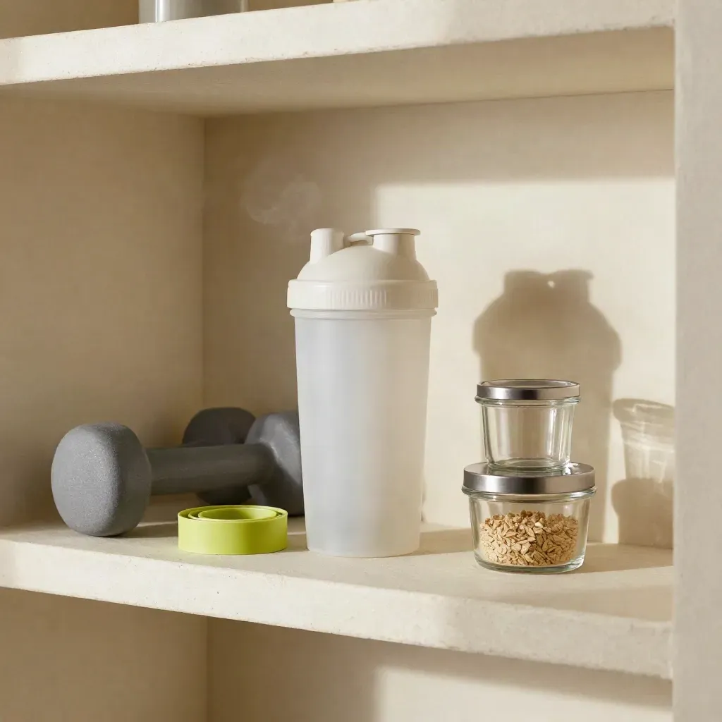 Dumbbells, shaker bottle, loop band and glass meal containers on a pale shelf nook.