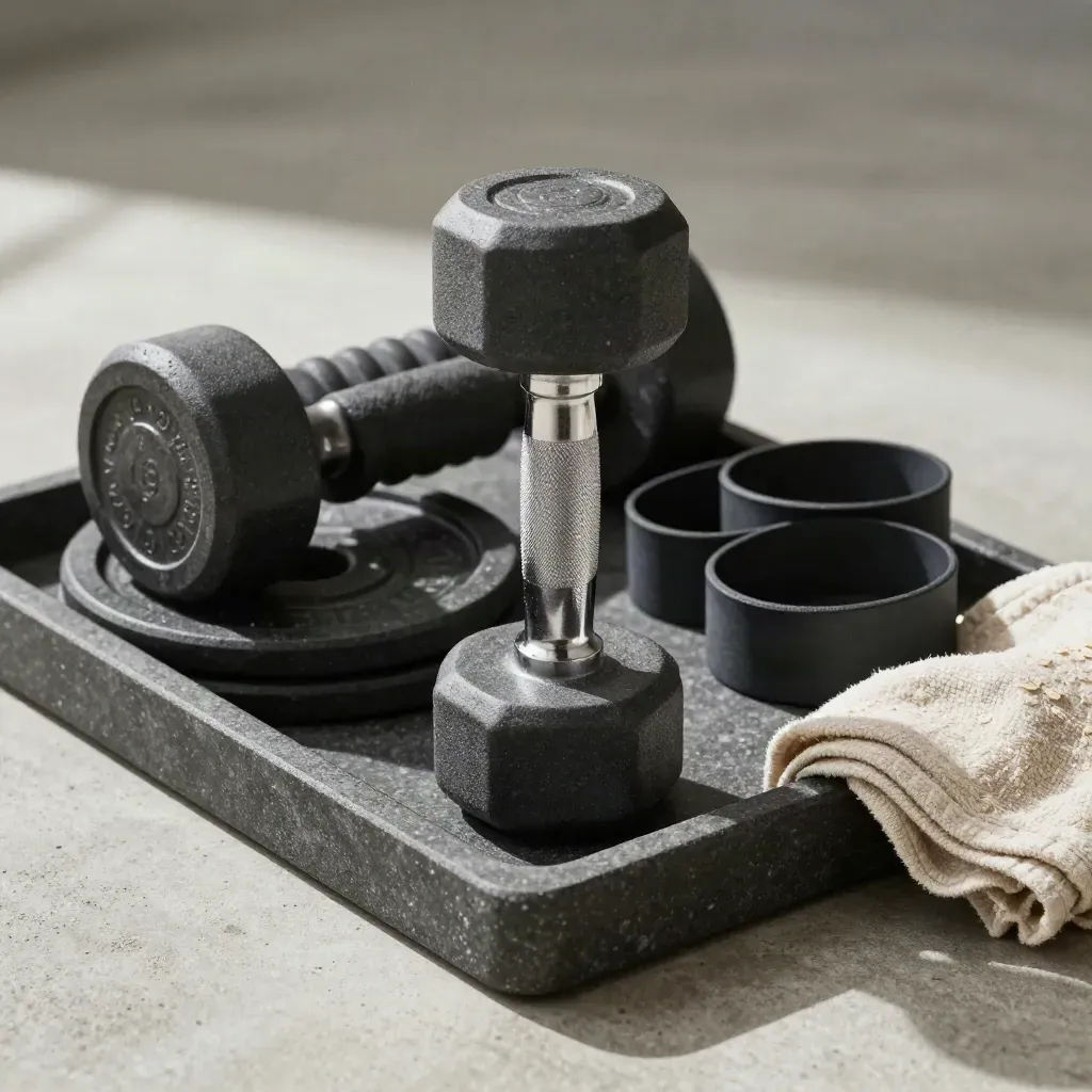 Fitness tray still life with dumbbell handle, plates, foam roller, loop bands, and folded cloth.