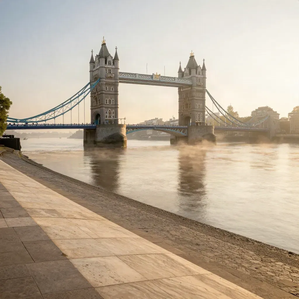 Tower Bridge and the Thames in golden sunrise mist with calm open embankment below