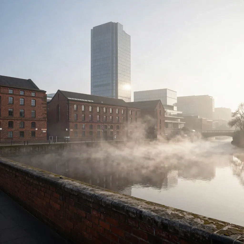 Manchester skyline with Beetham Tower above misty canal water and brickwork