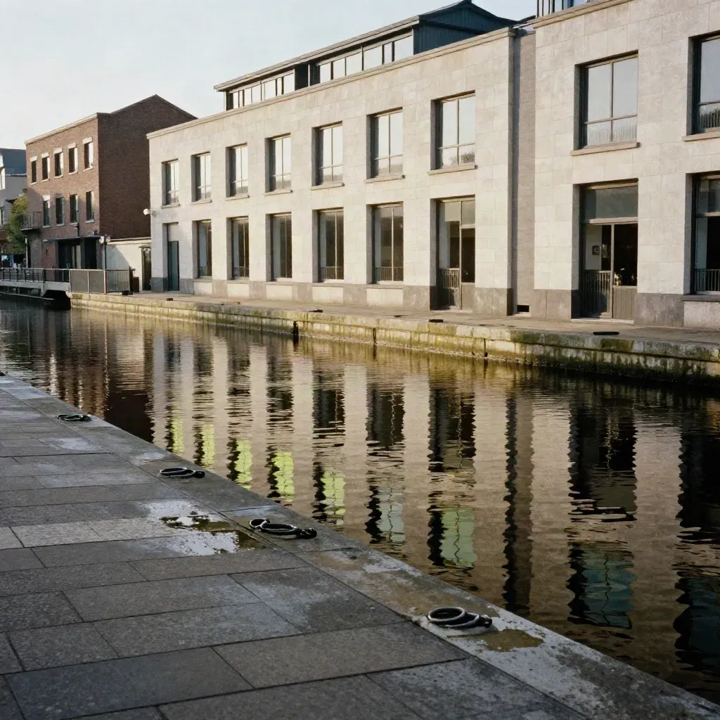 Birmingham canal basin with stone facades, calm water and hazy late-afternoon light.