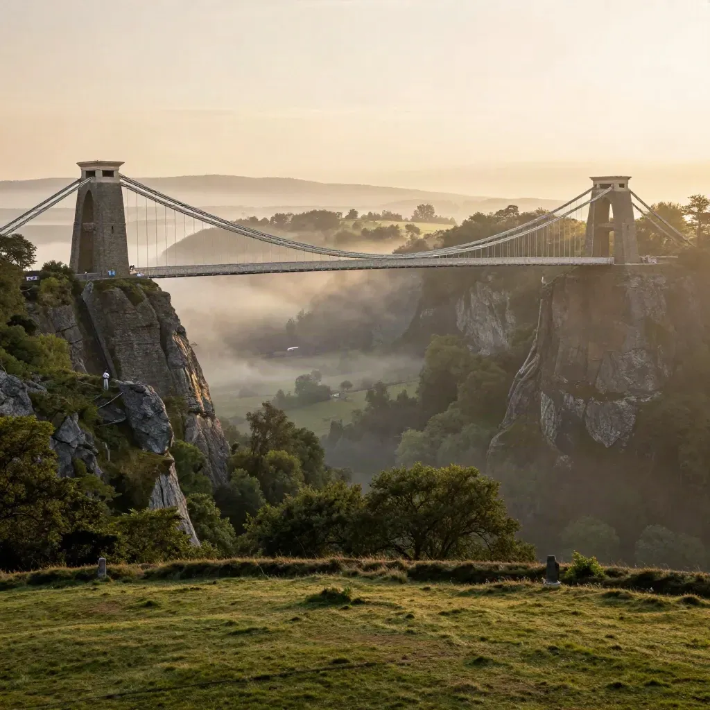 Clifton Suspension Bridge glowing above a misty Avon Gorge at golden hour