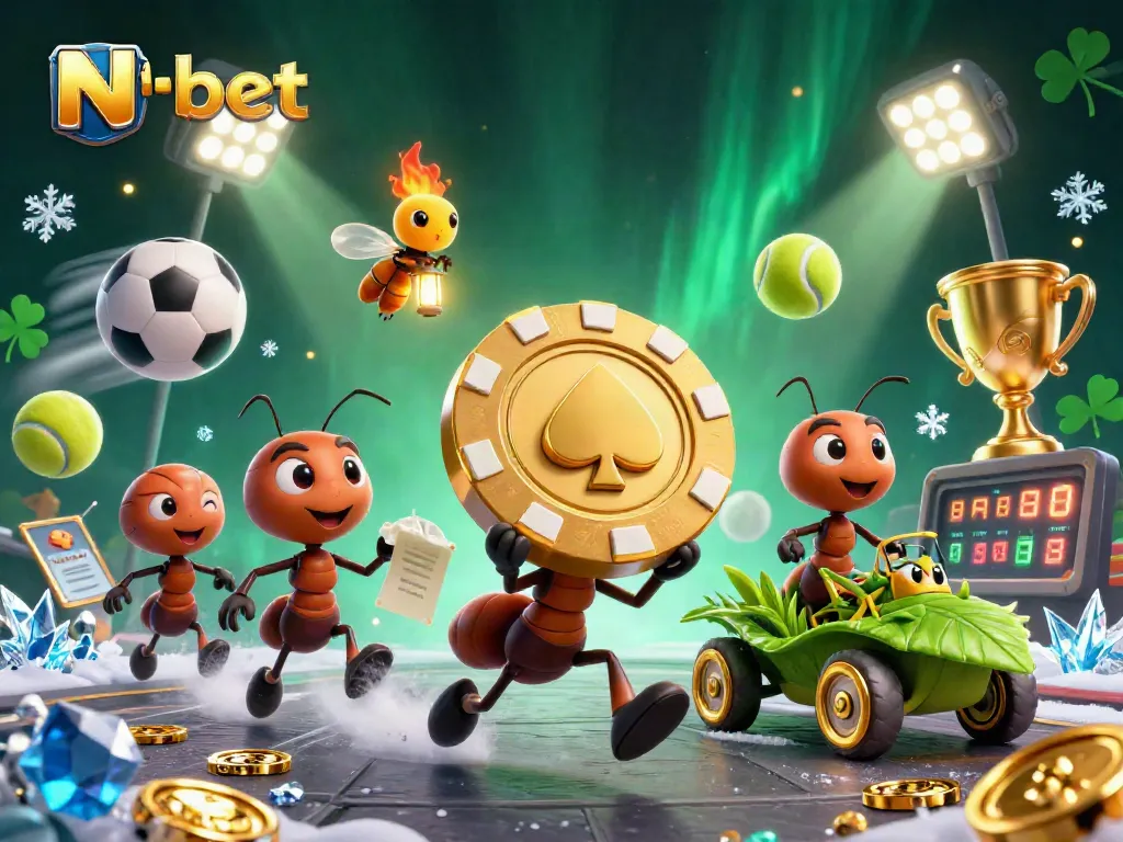 N bet features a dynamic heist scene with ants and a grasshopper among sports elements and golden trophies.