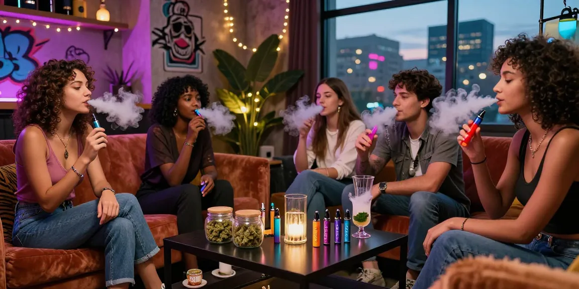 Relaxed atmosphere showcasing friends enjoying thc vapes in a vibrant cannabis lounge.