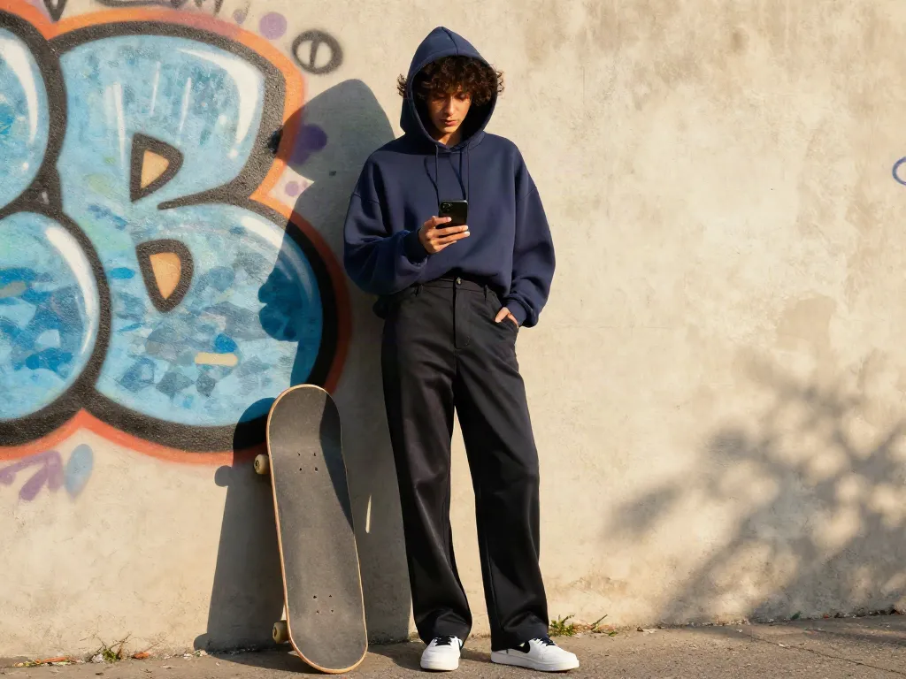 Fashionable individual representing rokok88 style in contemporary urban setting, capturing modern streetwear vibe.
