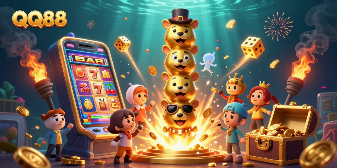 Experience thrilling wins at QQ88 with exciting slot machines and vibrant casino illustrations.