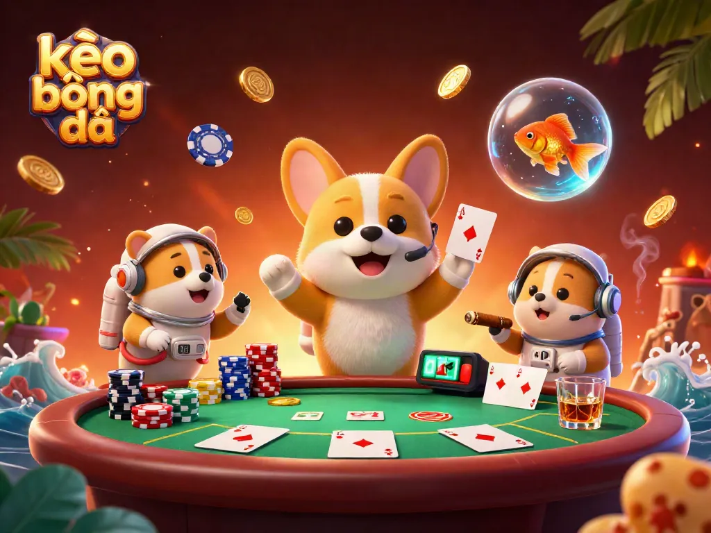 Experience exciting kèo bóng đá betting with a playful corgi astronaut in a dynamic casino scene full of poker elements.