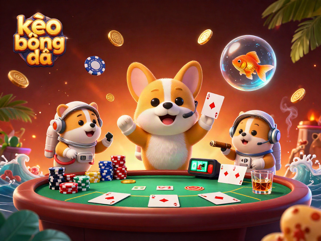 Experience exciting kèo bóng đá betting with a playful corgi astronaut in a dynamic casino scene full of poker elements.